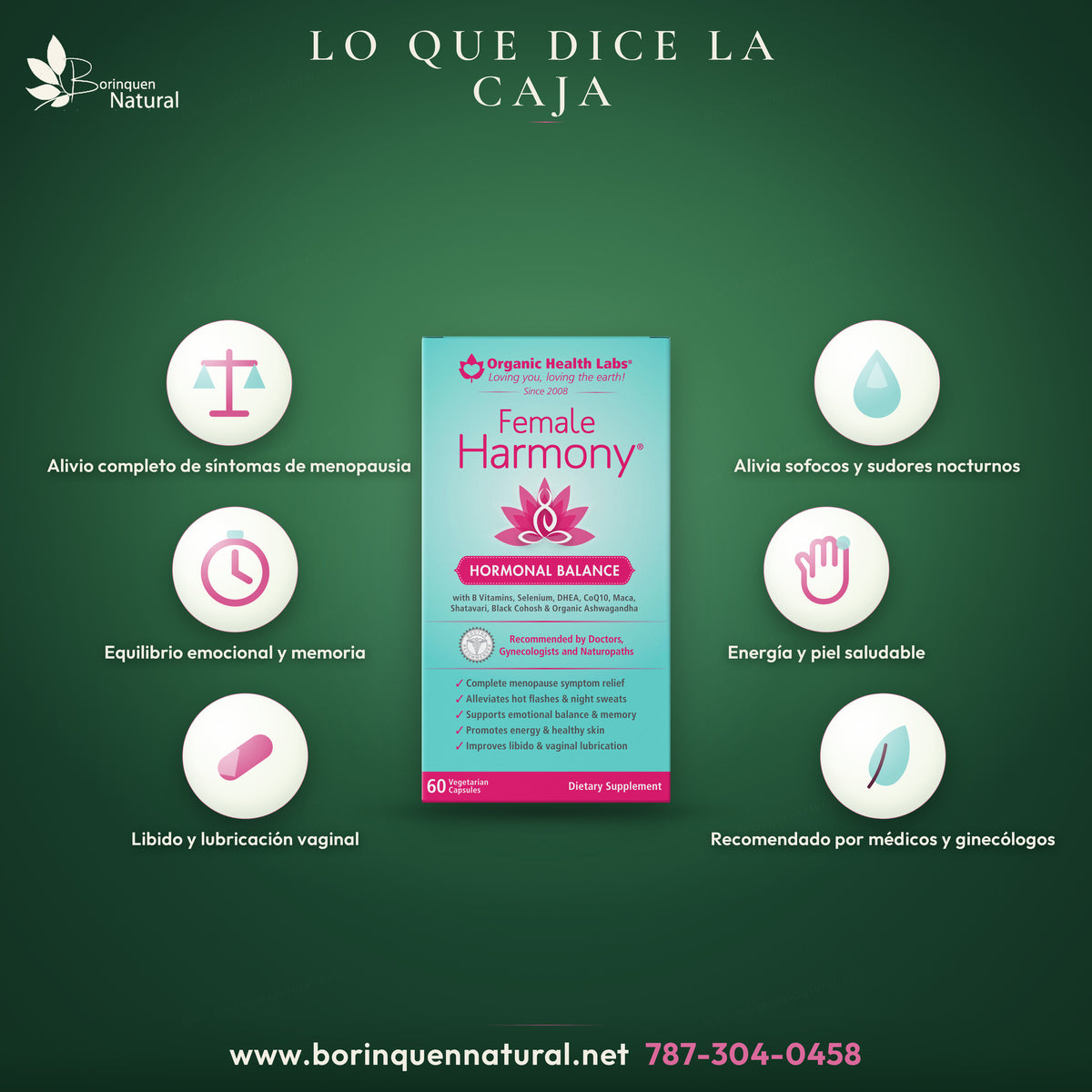 Lo que dice la caja de Female Harmony: alivio de síntomas de la menopausia, sofocos y sudores nocturnos, equilibrio emocional, energía y libido