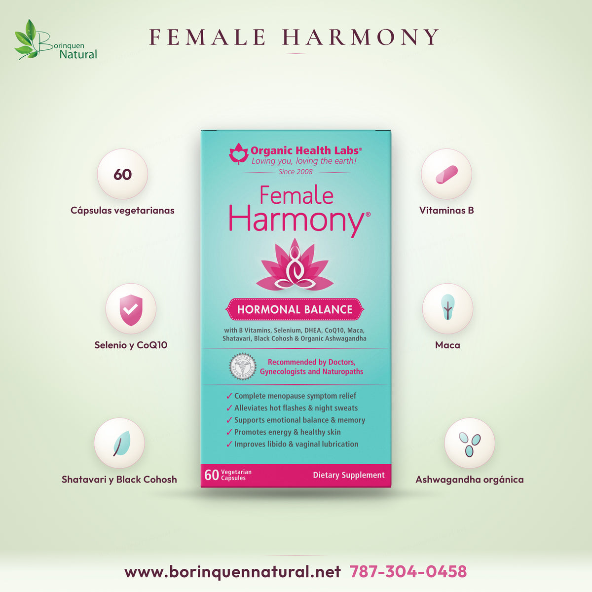 Female Harmony Hormonal Balance de Organic Health Labs con vitaminas B, selenio, CoQ10, maca, shatavari, black cohosh y ashwagandha orgánica, 60 cápsulas vegetarianas