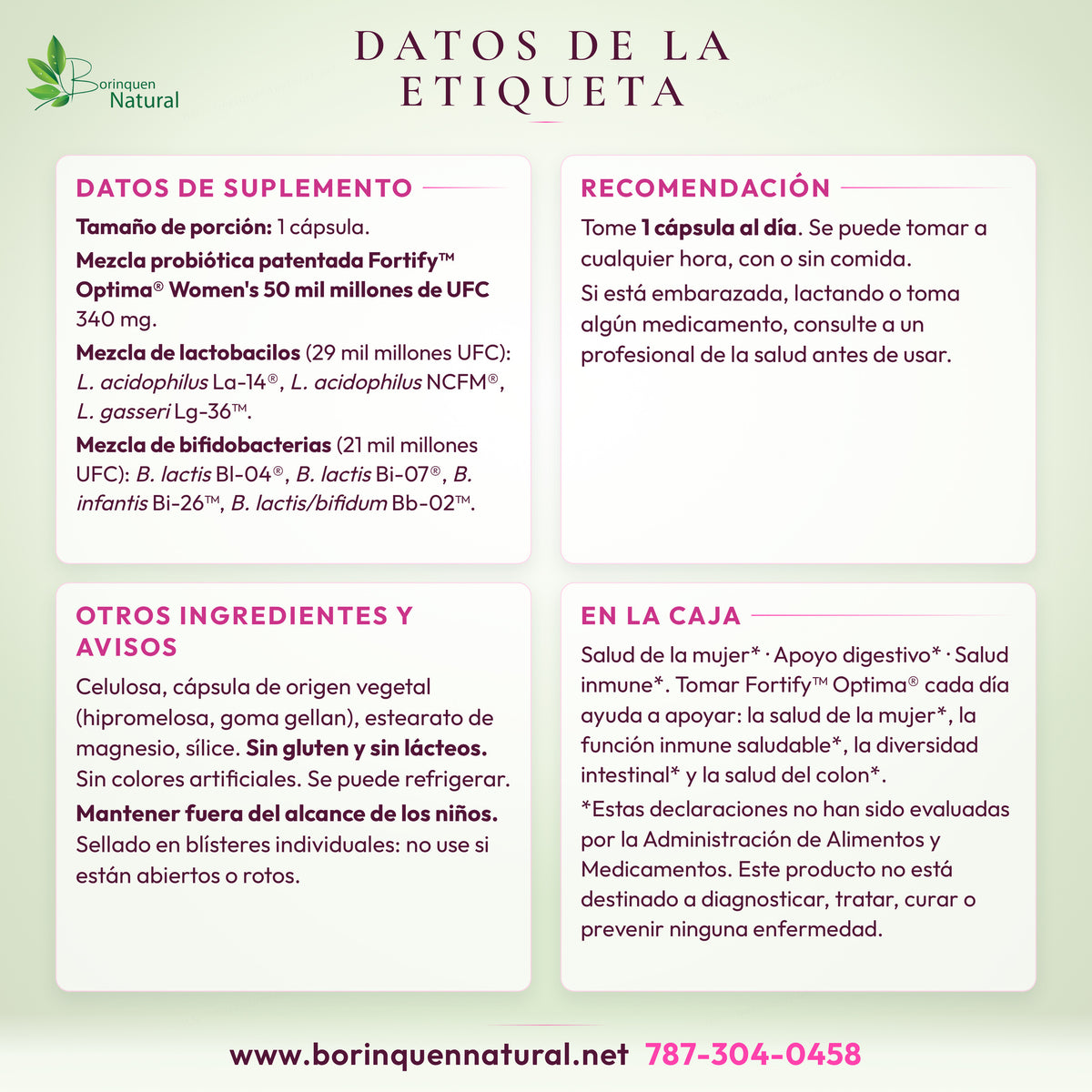 Datos de la etiqueta del Fortify Optima Women's: datos de suplemento, recomendación, otros ingredientes y lo que dice la caja