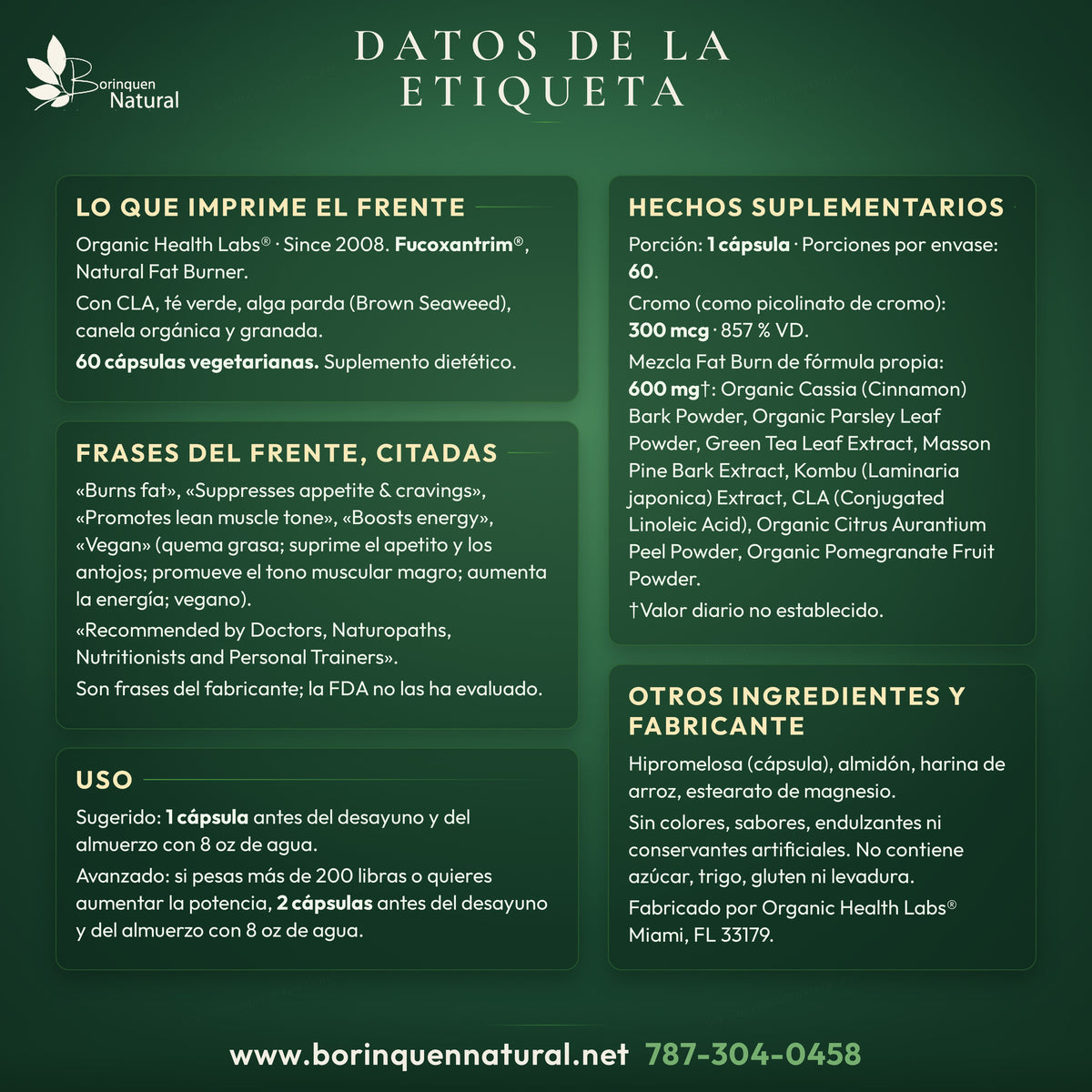 Datos de la etiqueta de Fucoxantrim de Organic Health Labs: frente, hechos suplementarios, uso e ingredientes