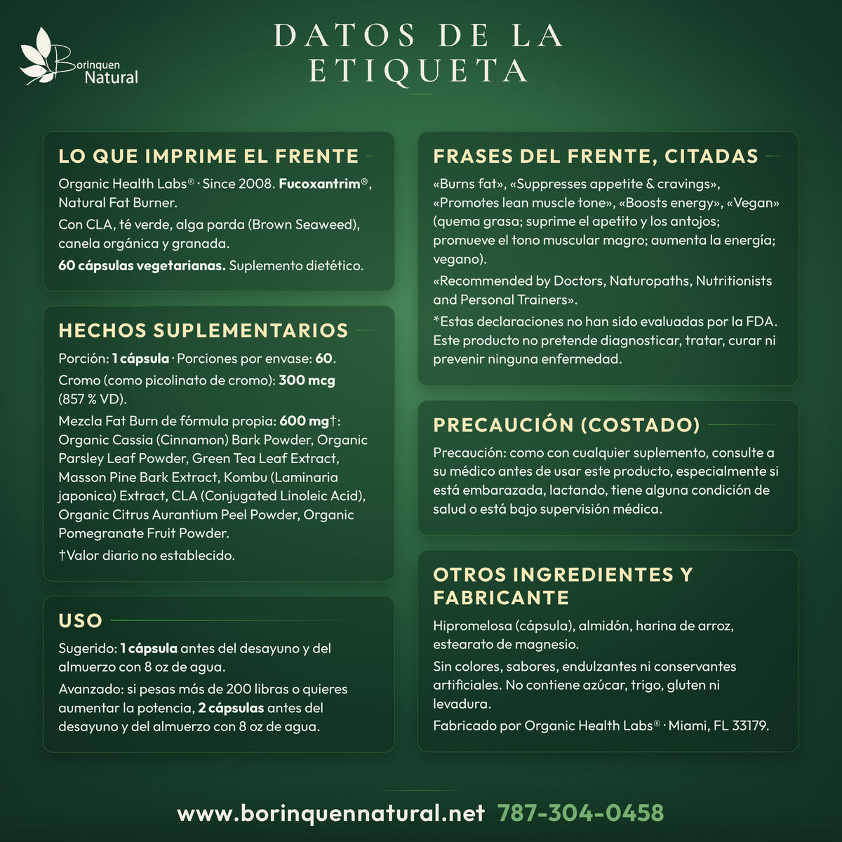 Datos de la etiqueta de Fucoxantrim de Organic Health Labs: frente, hechos suplementarios, uso e ingredientes
