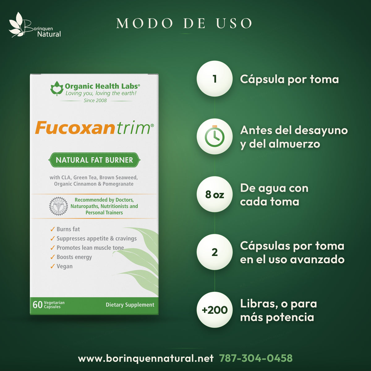 Modo de uso de Fucoxantrim: 1 cápsula antes del desayuno y del almuerzo con 8 oz de agua; uso avanzado de 2 cápsulas