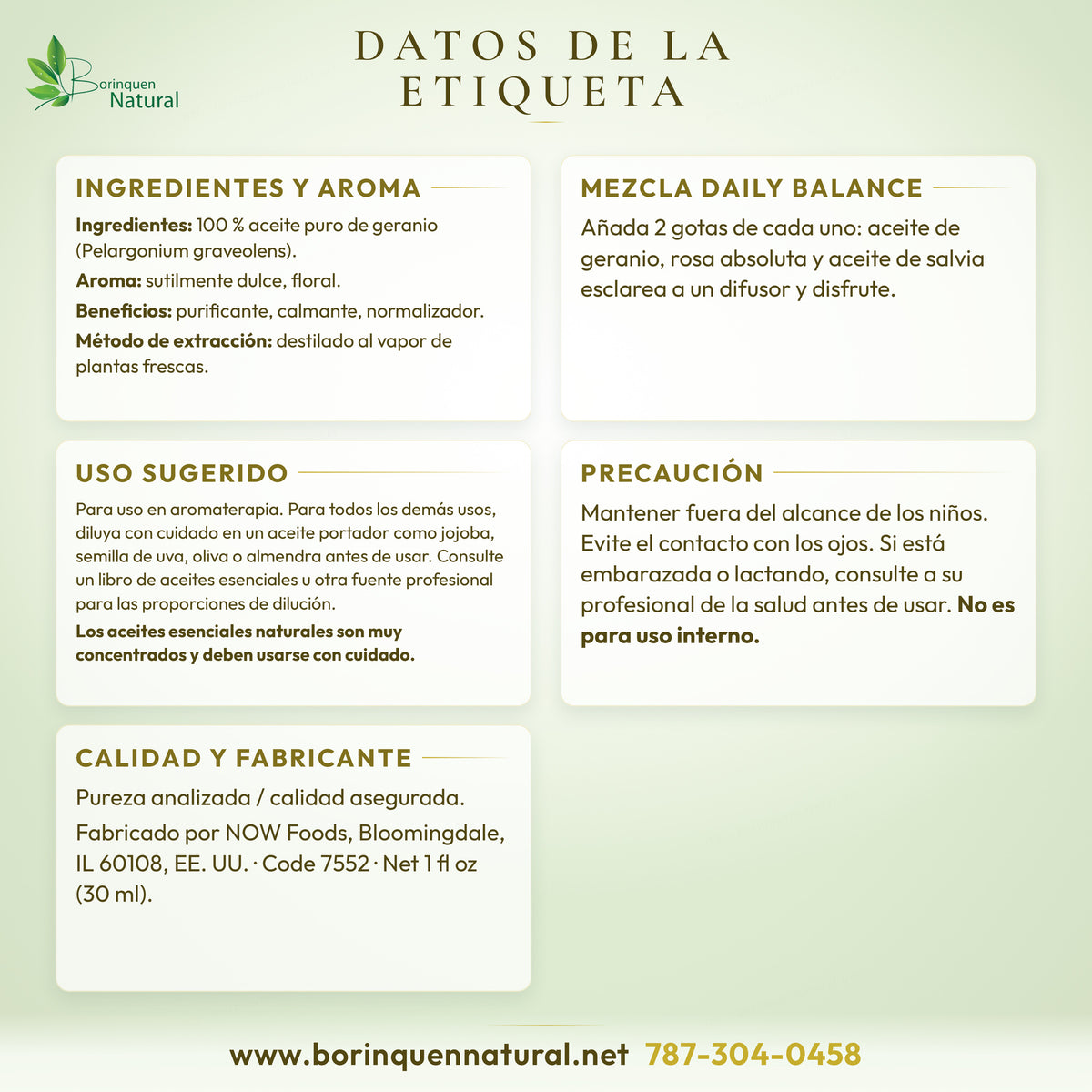 Datos de la etiqueta del aceite de geranio NOW: ingredientes, aroma, uso sugerido y precaución
