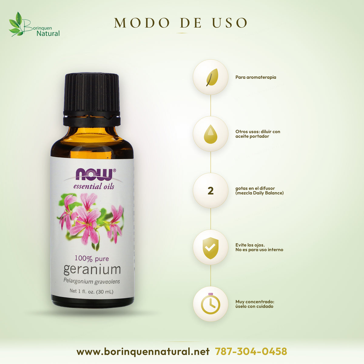 Modo de uso del aceite de geranio NOW: aromaterapia; para otros usos, diluir en aceite portador