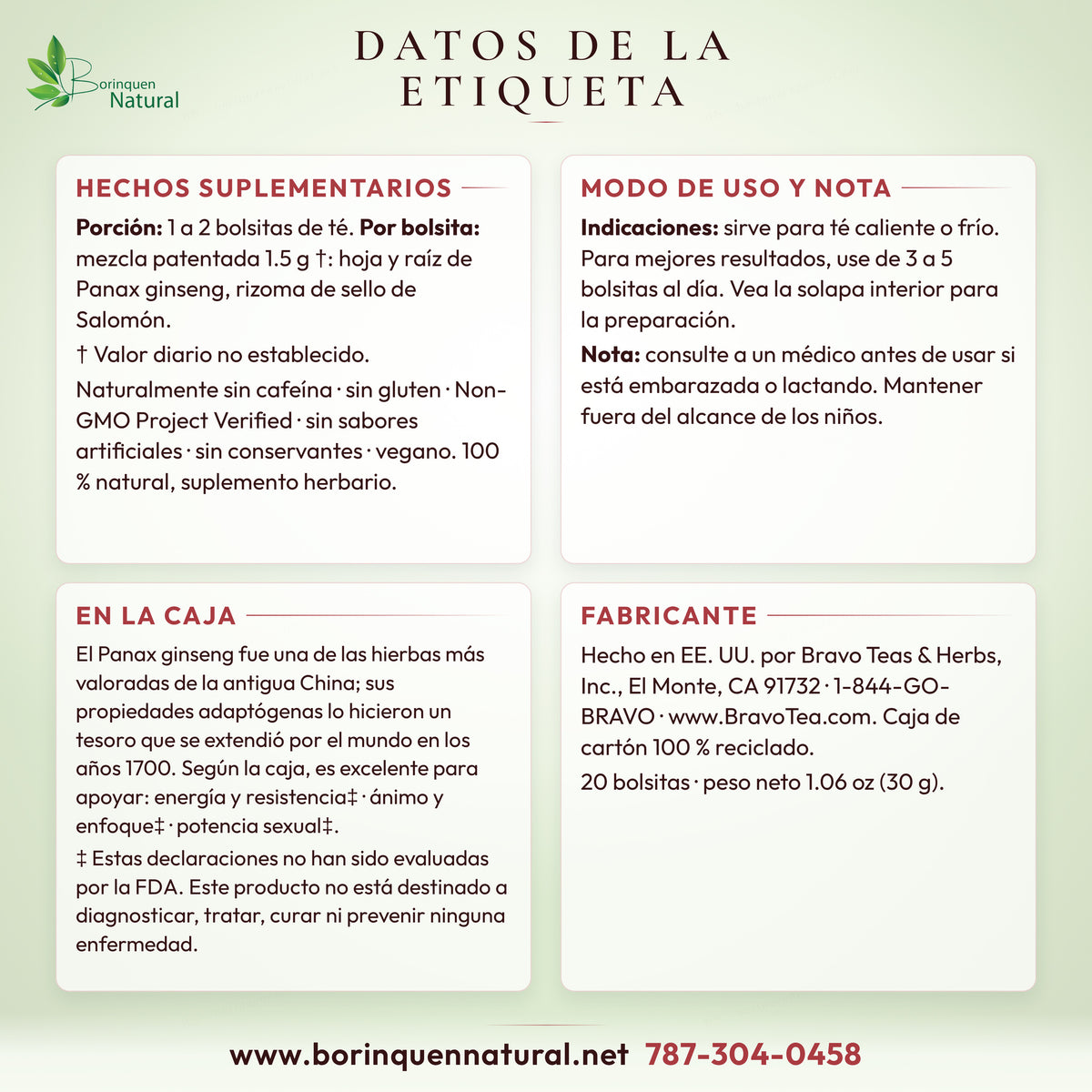 Datos de la etiqueta del té de ginseng Bravo Tea: hechos suplementarios, modo de uso y lo que dice la caja