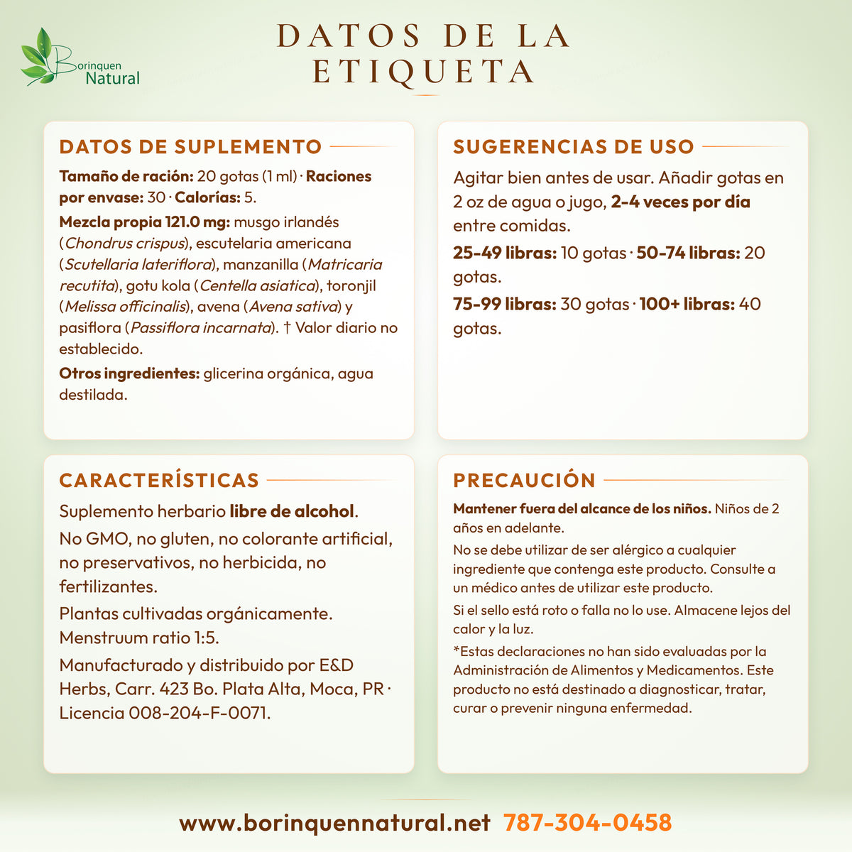 Datos de la etiqueta del Glicerito Concentriherbs de E&D Herbs: datos de suplemento, modo de uso por peso, características y precauciones