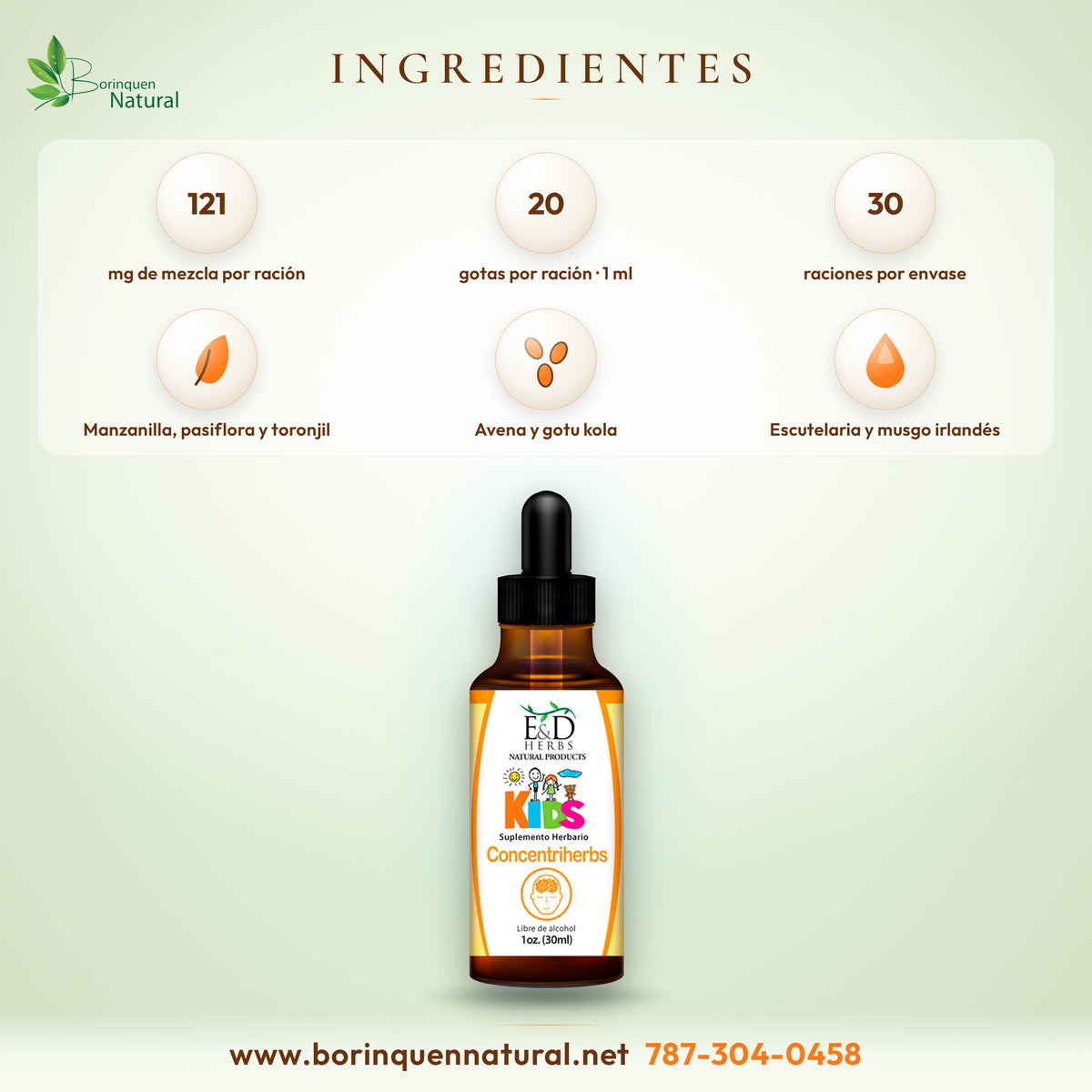Ingredientes del Glicerito Concentriherbs: mezcla de 121 mg por ración de musgo irlandés, escutelaria, manzanilla, gotu kola, toronjil, avena y pasiflora en glicerina orgánica