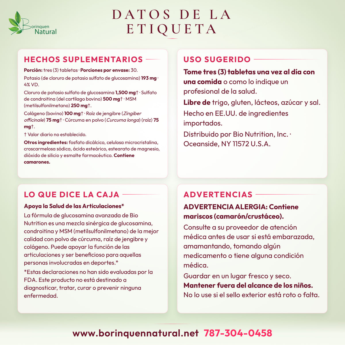 Datos de la etiqueta de Glucosamina Bio Nutrition: hechos suplementarios, uso sugerido, descripción con su aviso de la FDA, advertencia de alergia a mariscos