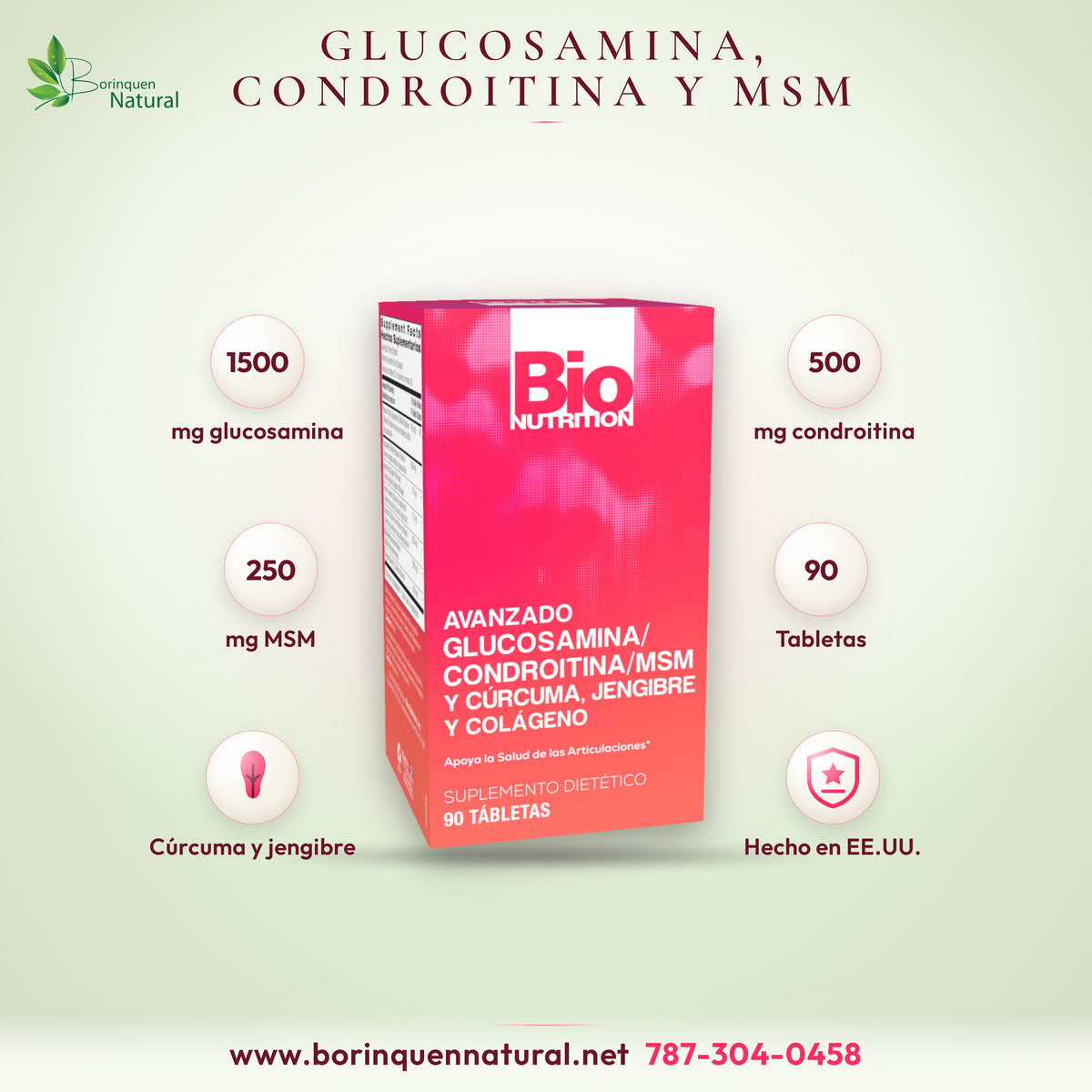 Avanzado Glucosamina, Condroitina y MSM con cúrcuma, jengibre y colágeno de Bio Nutrition, suplemento dietético, caja de 90 tabletas