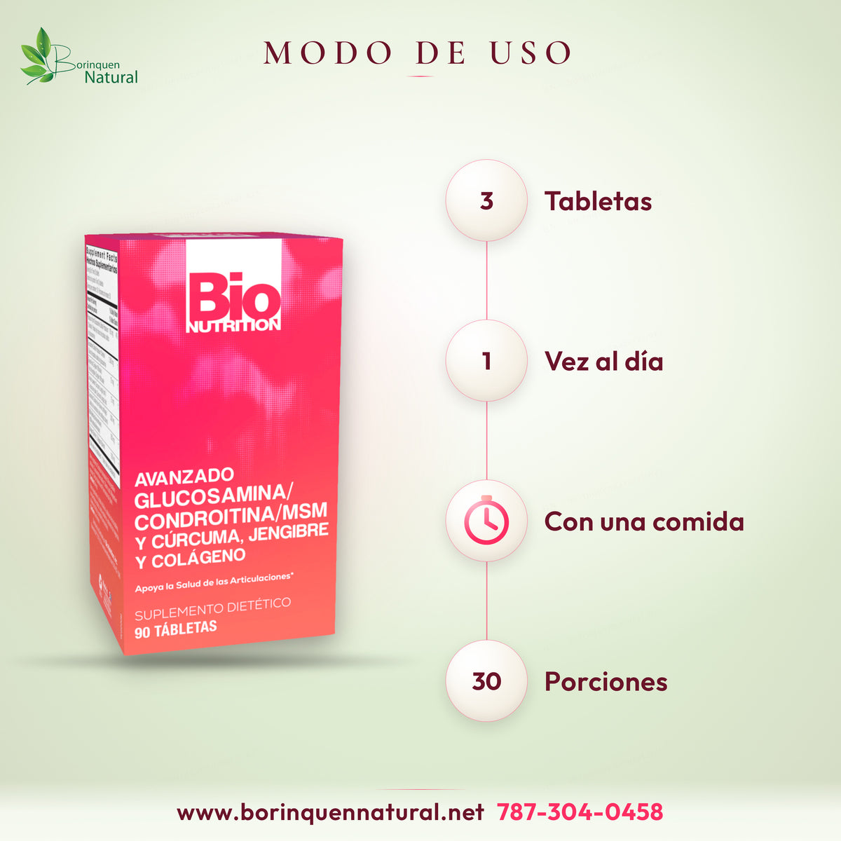 Modo de uso de Glucosamina Bio Nutrition: tome tres tabletas una vez al día con una comida; 30 porciones por caja
