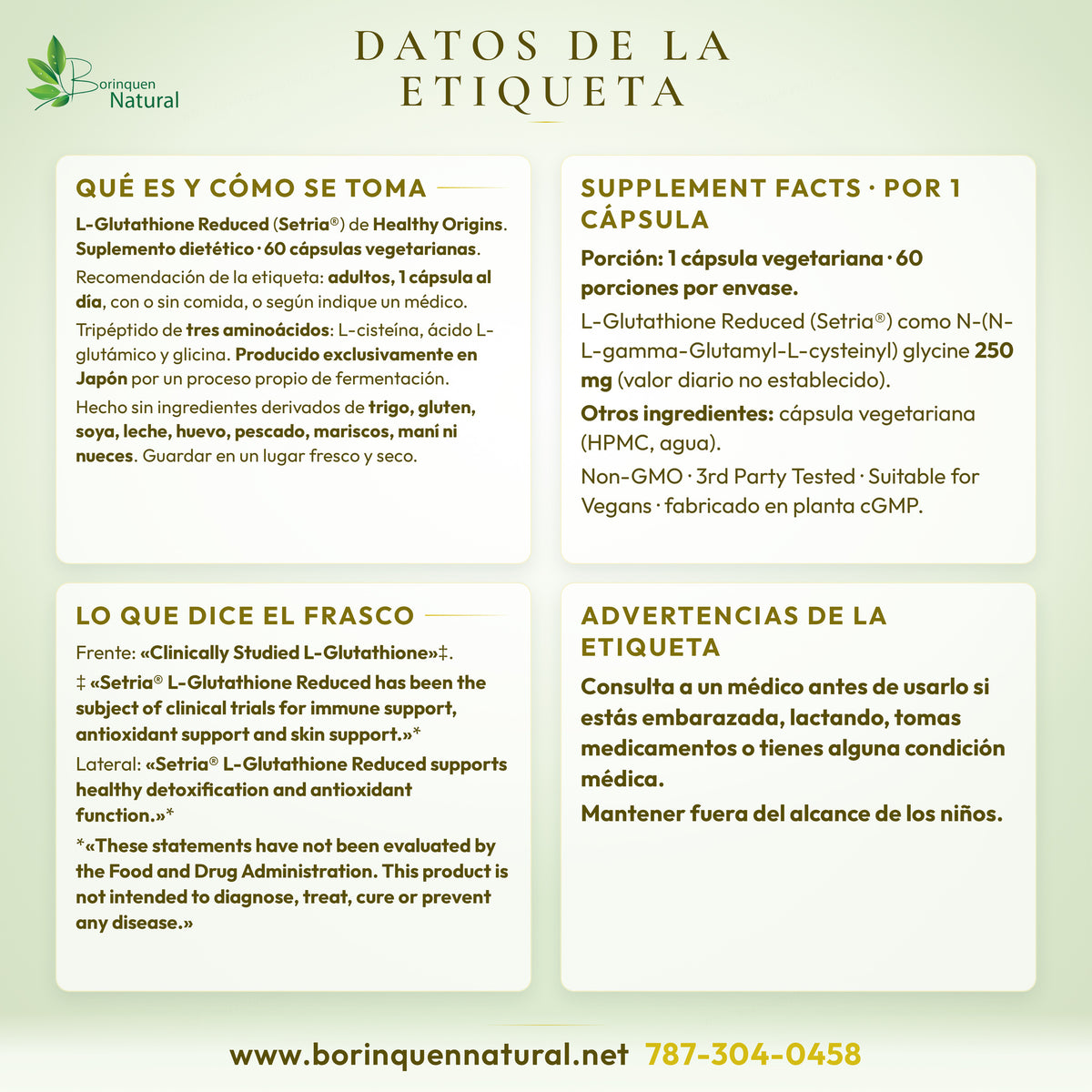 Datos de la etiqueta de L-Glutathione de Healthy Origins: Supplement Facts, modo de uso, otros ingredientes, lo que dice el frasco y advertencias