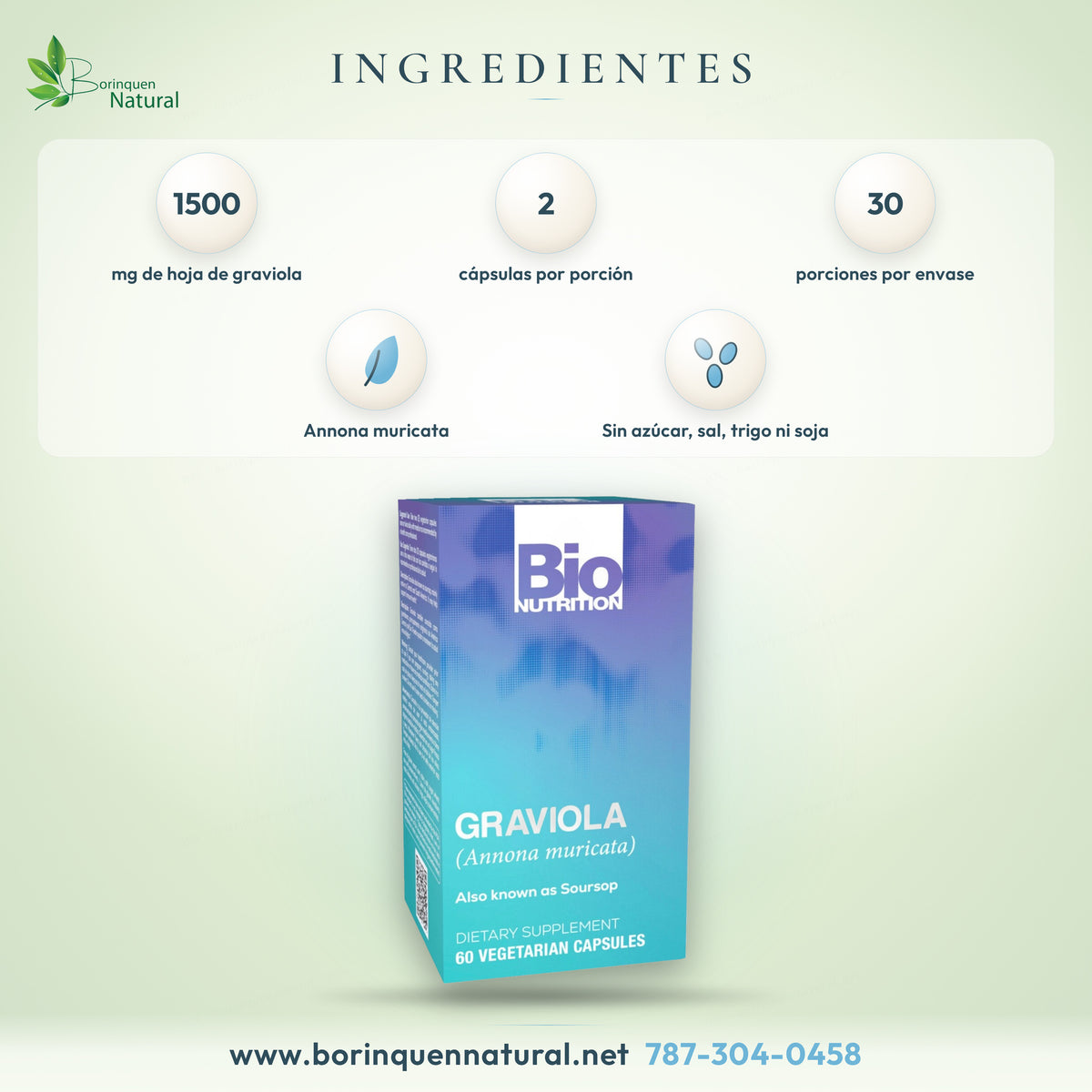 Ingredientes de la Graviola de Bio Nutrition: 1,500 mg de hoja de graviola o guanábana (Annona muricata) por 2 cápsulas vegetarianas; libre de gluten, levadura, maíz, lácteos, sal, azúcar, trigo, soja y conservantes