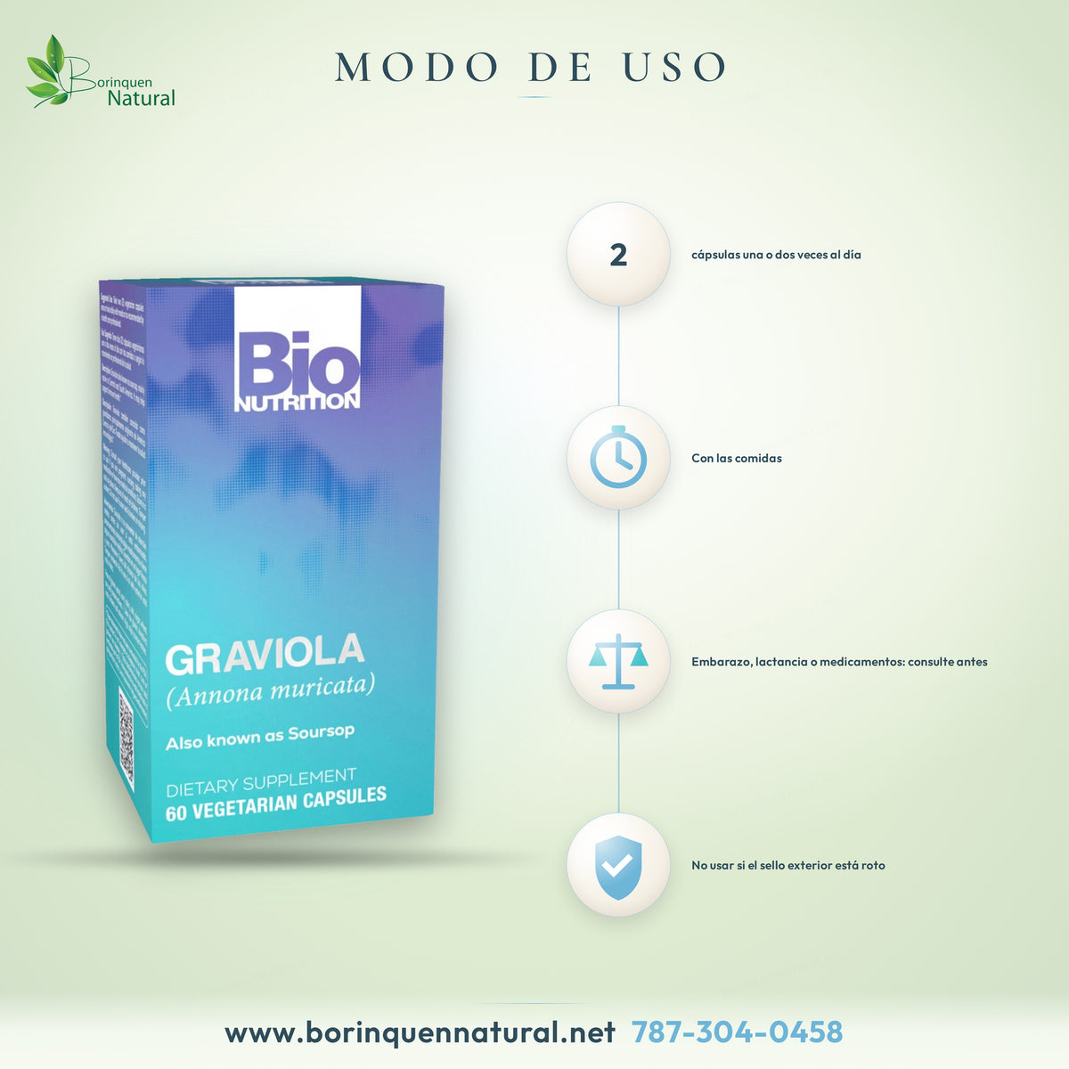 Modo de uso de la Graviola de Bio Nutrition: 2 cápsulas vegetarianas una o dos veces al día con las comidas o según lo recomiende un profesional de la salud
