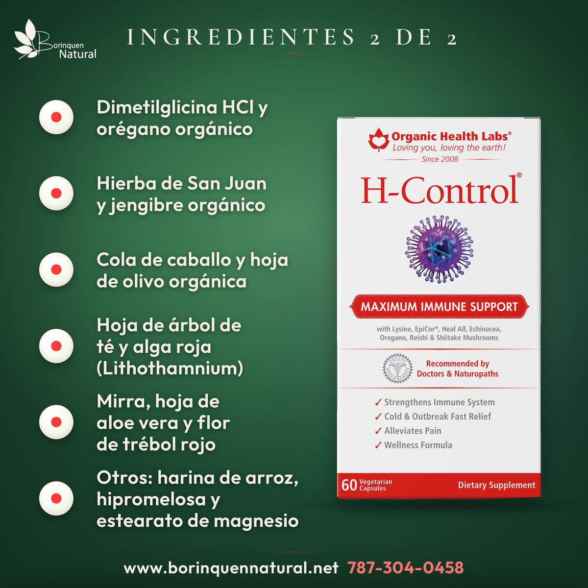 Ingredientes de H-Control (2 de 2): resto de la mezcla, de dimetilglicina a trébol rojo, y otros ingredientes