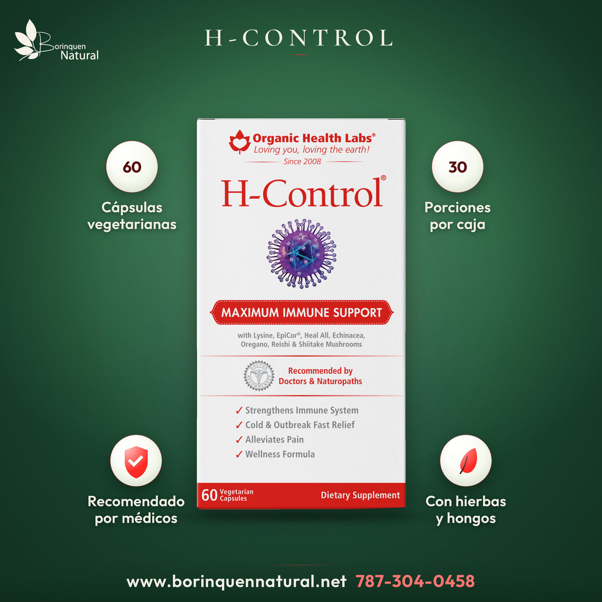 H-Control de Organic Health Labs, Maximum Immune Support, caja de 60 cápsulas vegetarianas
