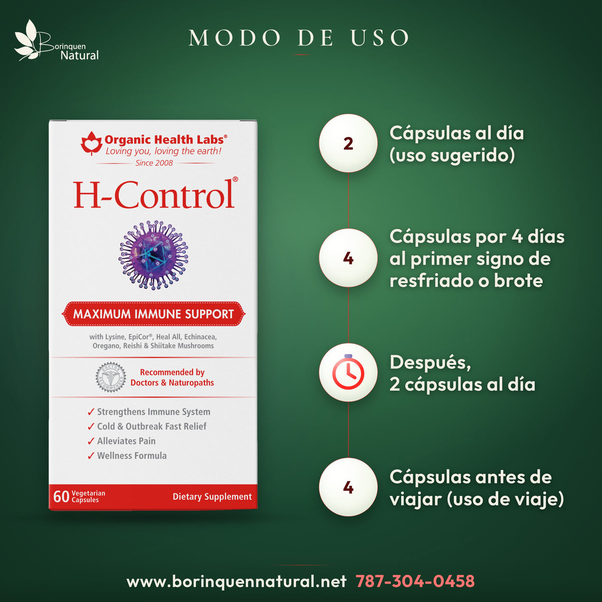Modo de uso de H-Control: 2 cápsulas al día; uso avanzado de 4 cápsulas por 4 días y uso de viaje