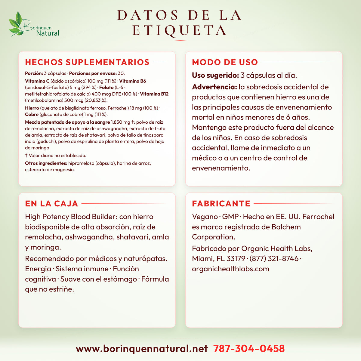 Blood Builder HemaVeda con Hierro 18 mg, B12 y Folato, 90 Cápsulas de Organic Health Labs — vista lateral del envase