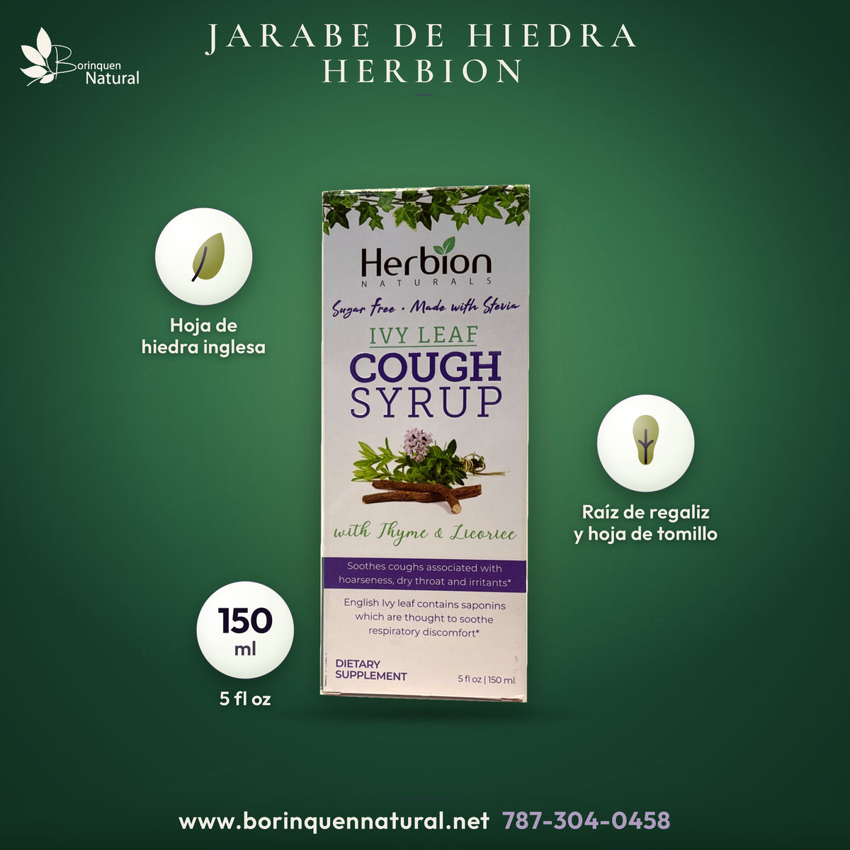 Jarabe de hiedra Herbion con tomillo y regaliz, sin azúcar, caja de 150 ml.