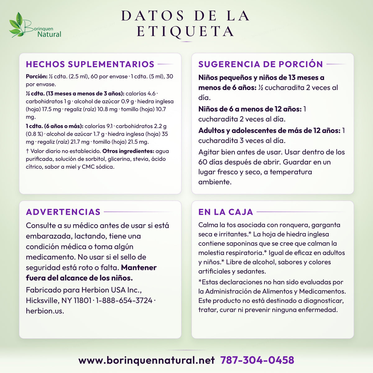 Datos de la etiqueta del jarabe de hiedra Herbion: hechos suplementarios, otros ingredientes, sugerencia de porción, advertencias y lo que dice la caja
