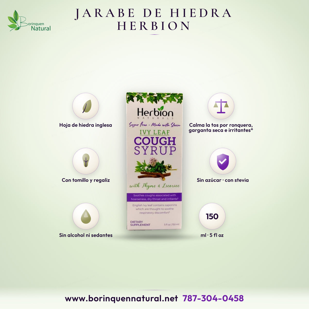 Ivy Leaf Cough Syrup de Herbion Naturals, jarabe de hoja de hiedra con tomillo y regaliz sin azúcar, endulzado con stevia, caja de 5 fl oz (150 ml)