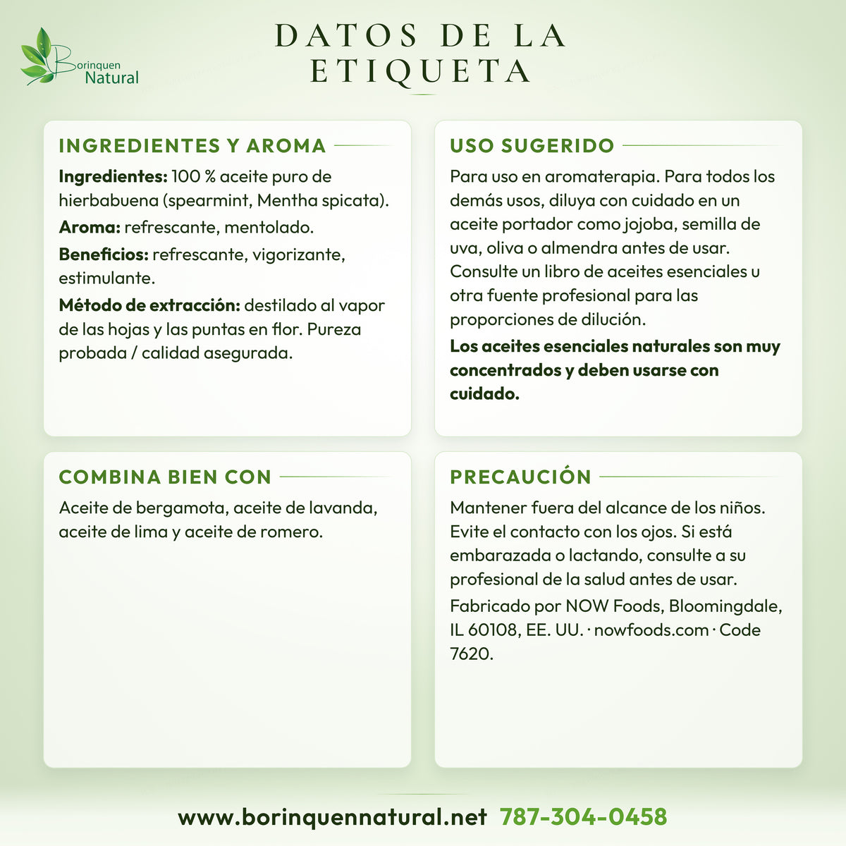 Datos de la etiqueta del aceite esencial de hierbabuena NOW: ingredientes, aroma, uso sugerido y precaución