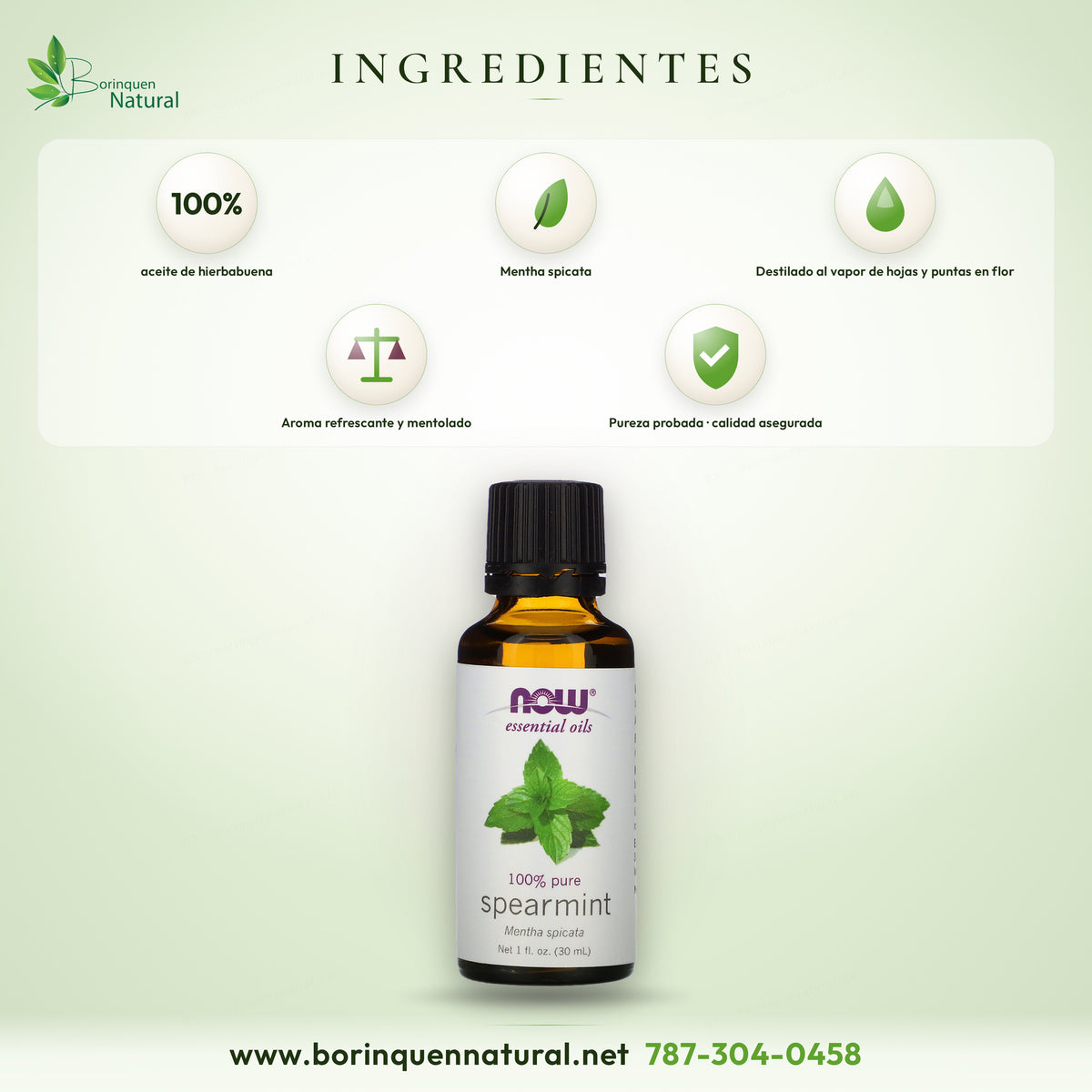 Ingredientes del aceite esencial de hierbabuena NOW: 100 % aceite puro de hierbabuena, destilado al vapor de hojas y flores