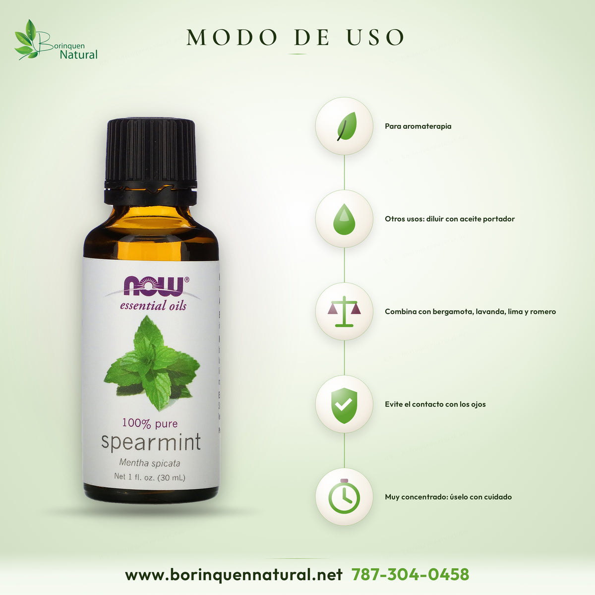 Modo de uso del aceite de hierbabuena NOW: aromaterapia; para otros usos, diluir con aceite portador como jojoba u oliva