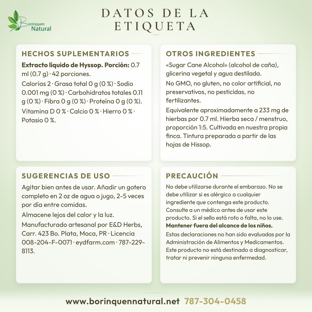 Datos de la etiqueta del Hisopo E&D Herbs: hechos suplementarios, otros ingredientes, uso y precaución