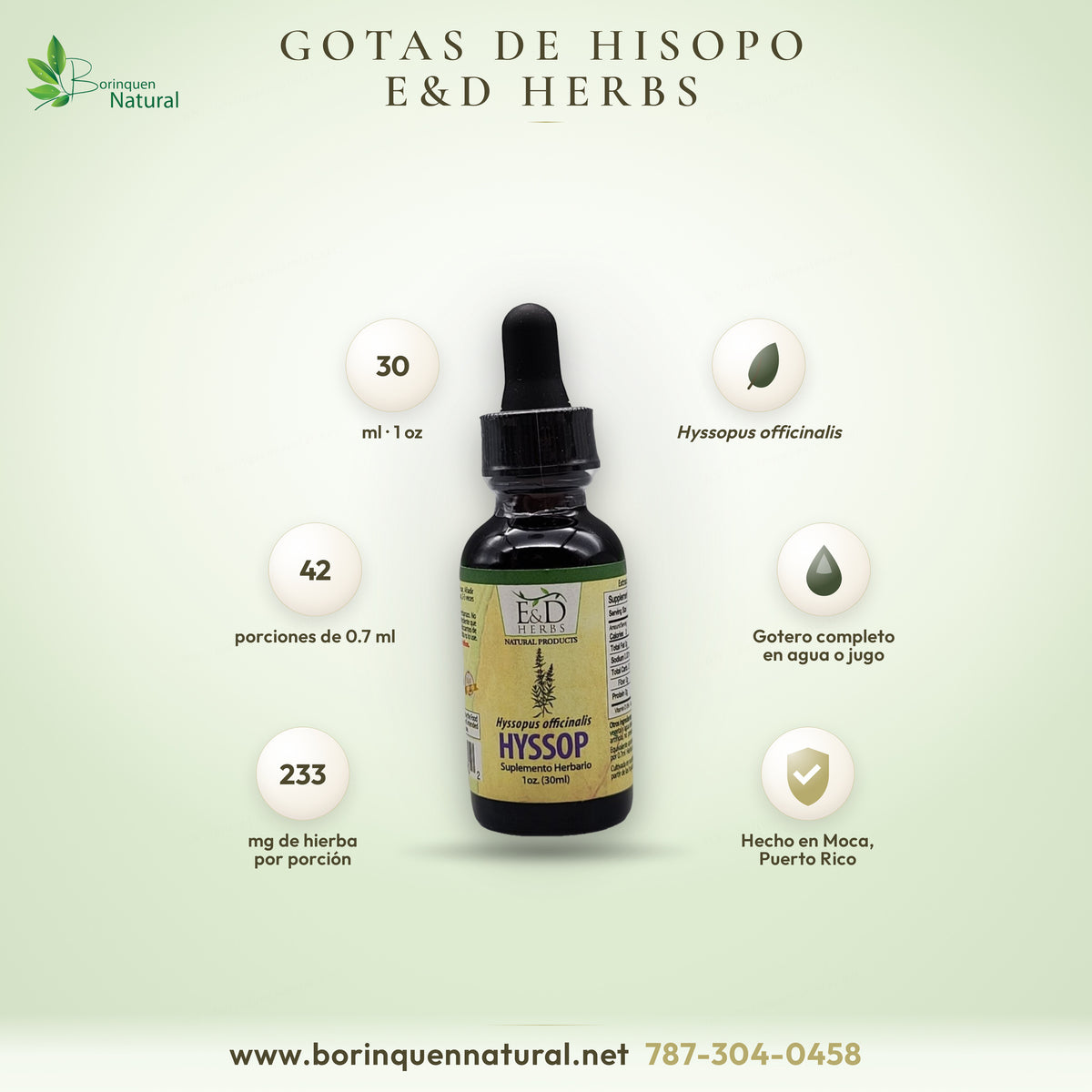 Hisopo (Hyssop) en gotas de E&D Herbs, extracto líquido de Hyssopus officinalis de 1 oz hecho en Moca, PR