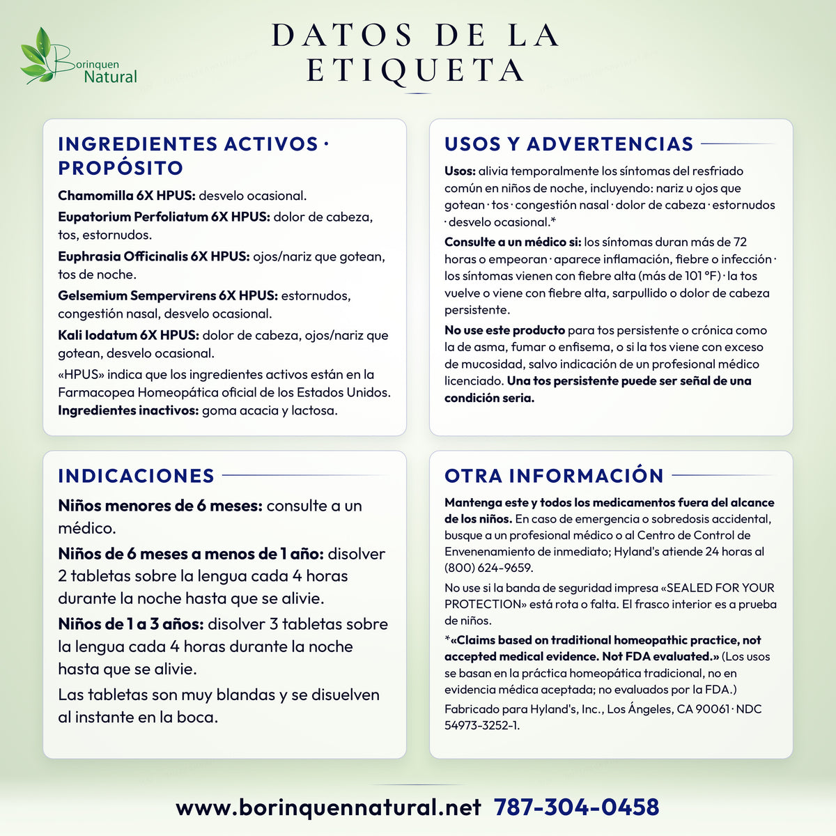 Datos de la etiqueta de Hyland's Baby Nighttime Tiny Cold: ingredientes activos, usos, advertencias e indicaciones
