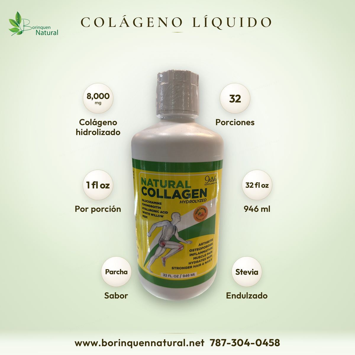 Colágeno líquido Irish Supplements, 8,000 mg por porción, frasco de 32 fl oz con sabor a parcha