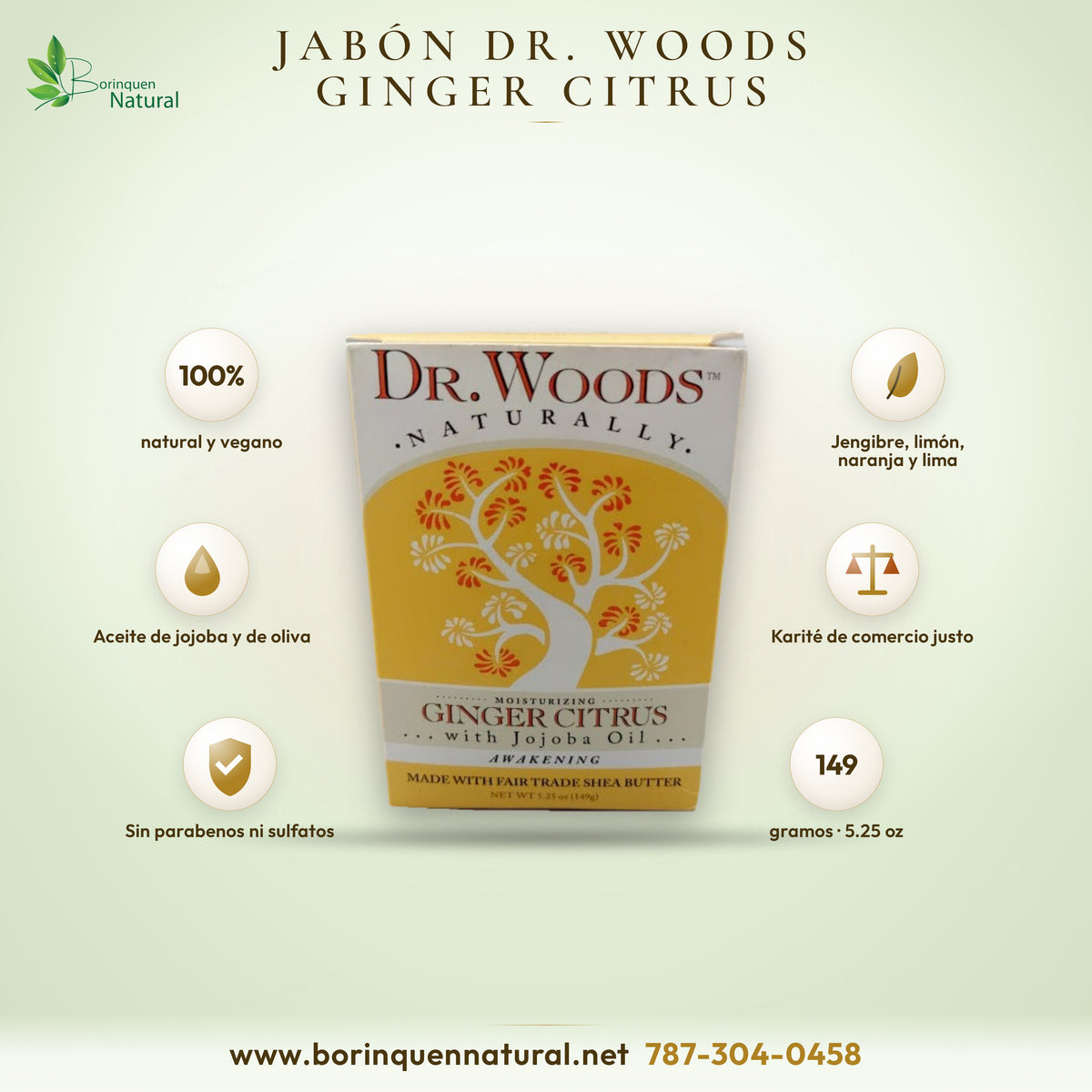 Jabón de castilla Dr. Woods Ginger Citrus con aceite de jojoba y manteca de karité de comercio justo, barra de 5.25 oz