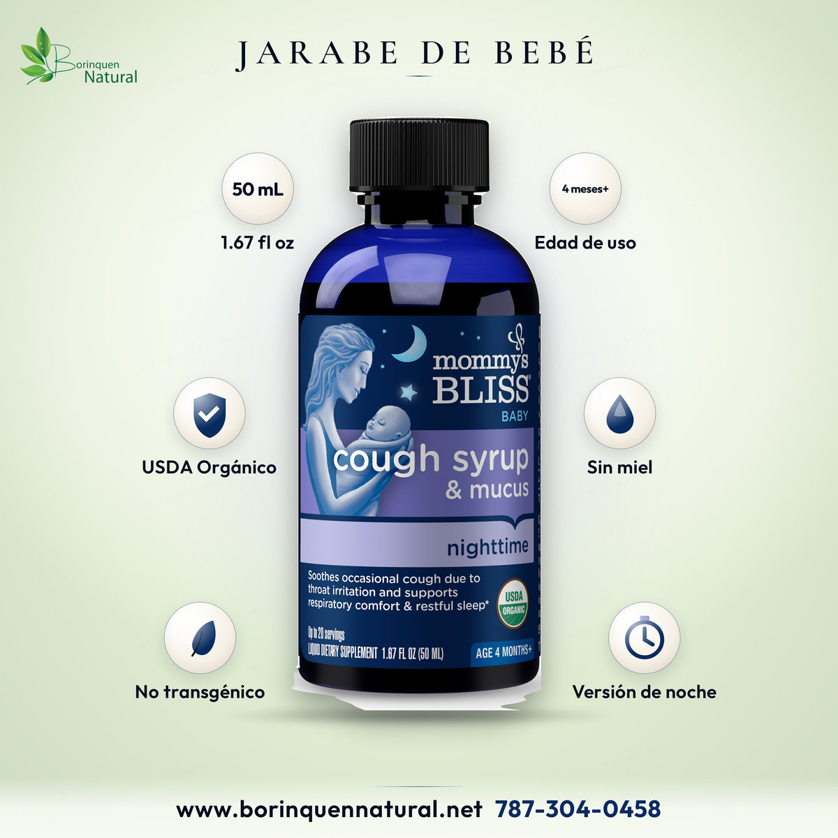 Jarabe de tos y mucosidad Mommy's Bliss para bebés versión de noche, frasco de 50 mL certificado orgánico por el USDA, sin miel, desde los cuatro meses