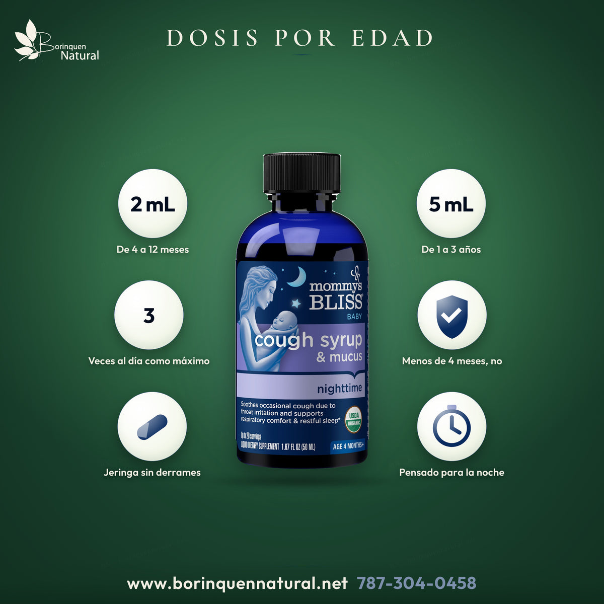 Dosis del jarabe Mommy's Bliss de noche: 2 mL de los 4 a los 12 meses y 5 mL de 1 a 3 años, hasta tres veces al día