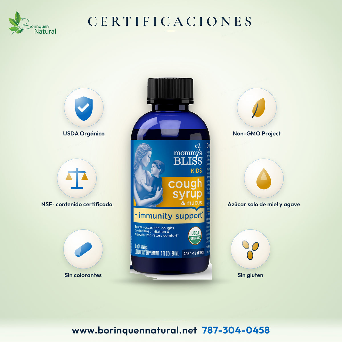 Jarabe Mommy's Bliss para niños certificado orgánico por el USDA, verificado Non-GMO Project, contenido certificado por NSF, sin colorantes ni gluten