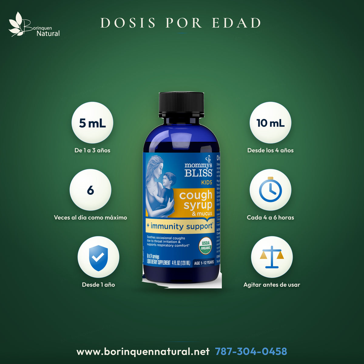 Dosis del jarabe Mommy's Bliss para niños: 5 mL de 1 a 3 años y 10 mL desde los 4 años, cada 4 a 6 horas, hasta 6 veces al día