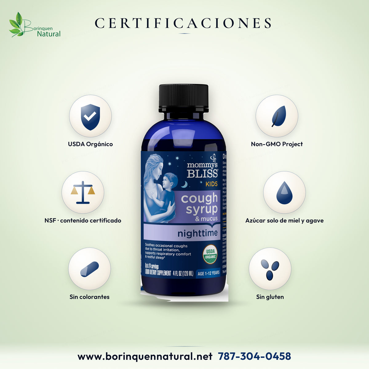 Jarabe de noche Mommy's Bliss certificado orgánico por el USDA, verificado Non-GMO Project, contenido certificado por NSF, sin colorantes ni gluten