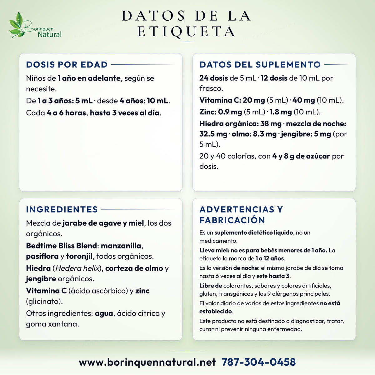 Datos de la etiqueta del jarabe de noche Mommy's Bliss: dosis por edad, datos del suplemento, ingredientes y advertencias