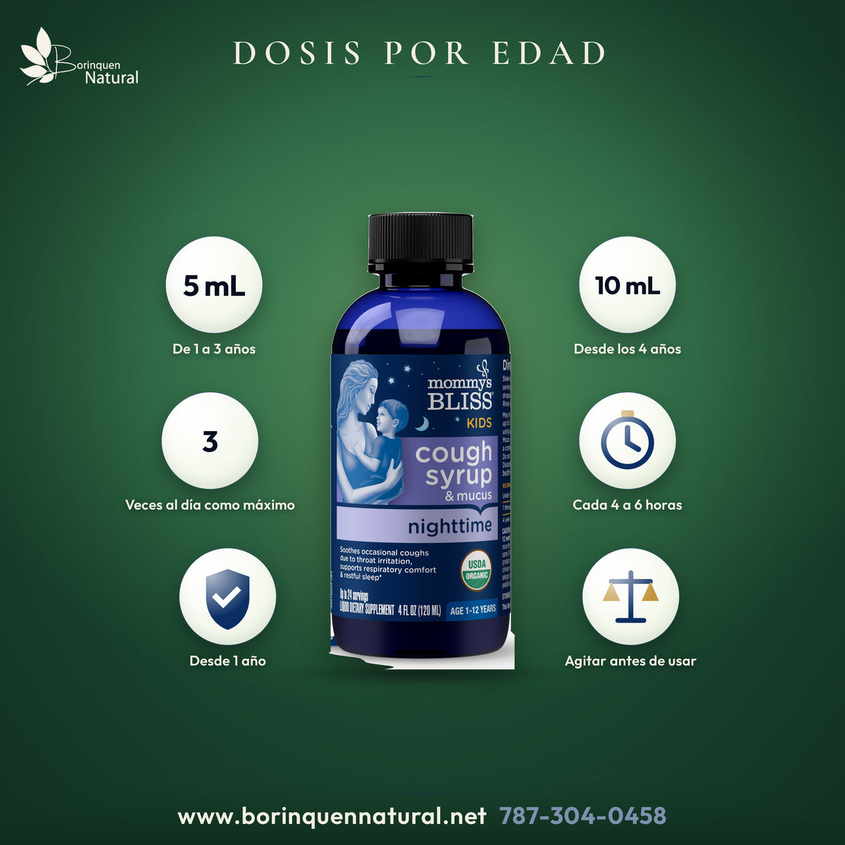 Dosis del jarabe de noche Mommy's Bliss para niños: 5 mL de 1 a 3 años y 10 mL desde los 4 años, cada 4 a 6 horas, hasta 3 veces al día