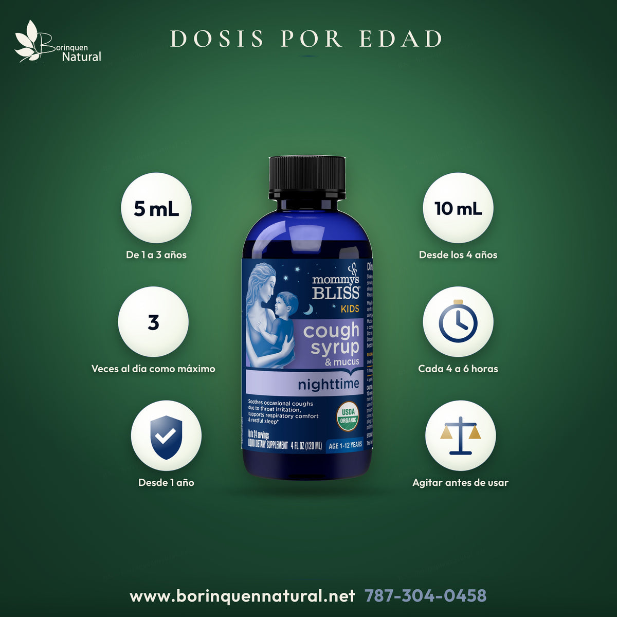 Dosis del jarabe de noche Mommy's Bliss para niños: 5 mL de 1 a 3 años y 10 mL desde los 4 años, cada 4 a 6 horas, hasta 3 veces al día