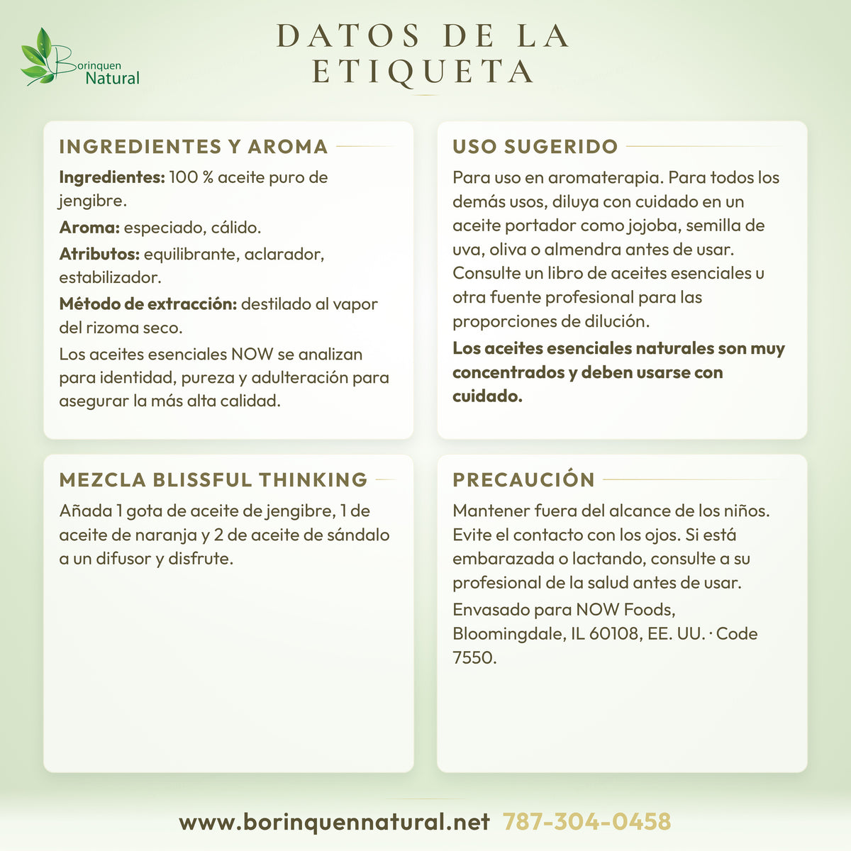 Datos de la etiqueta del aceite esencial de jengibre NOW: ingredientes, aroma, uso sugerido y precaución