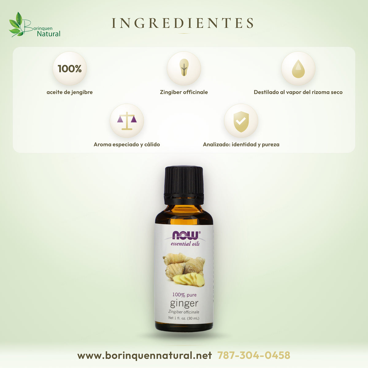 Ingredientes del aceite esencial de jengibre NOW: 100 % aceite puro de jengibre, destilado al vapor del rizoma seco
