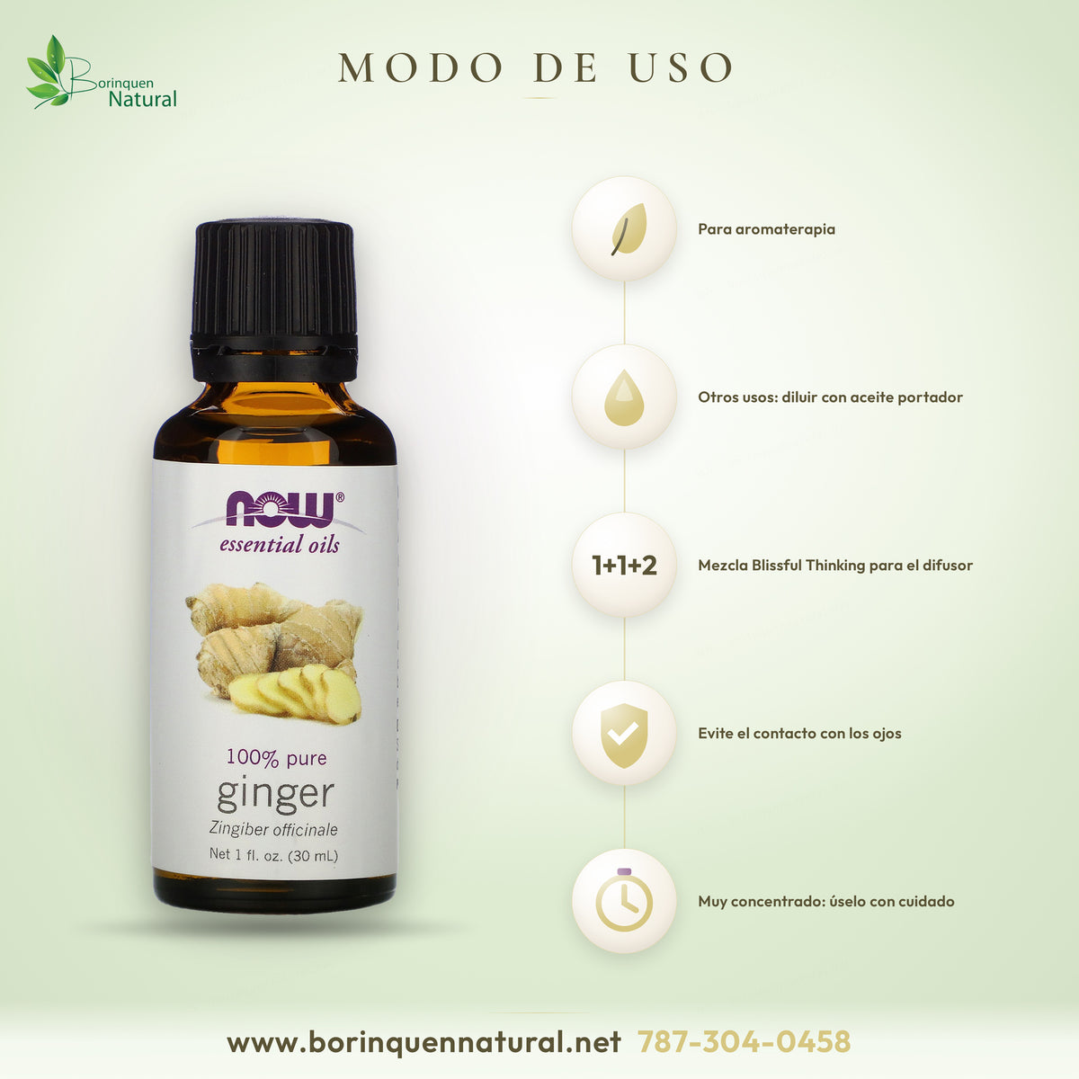Modo de uso del aceite de jengibre NOW: aromaterapia; para otros usos, diluir con aceite portador como jojoba u oliva