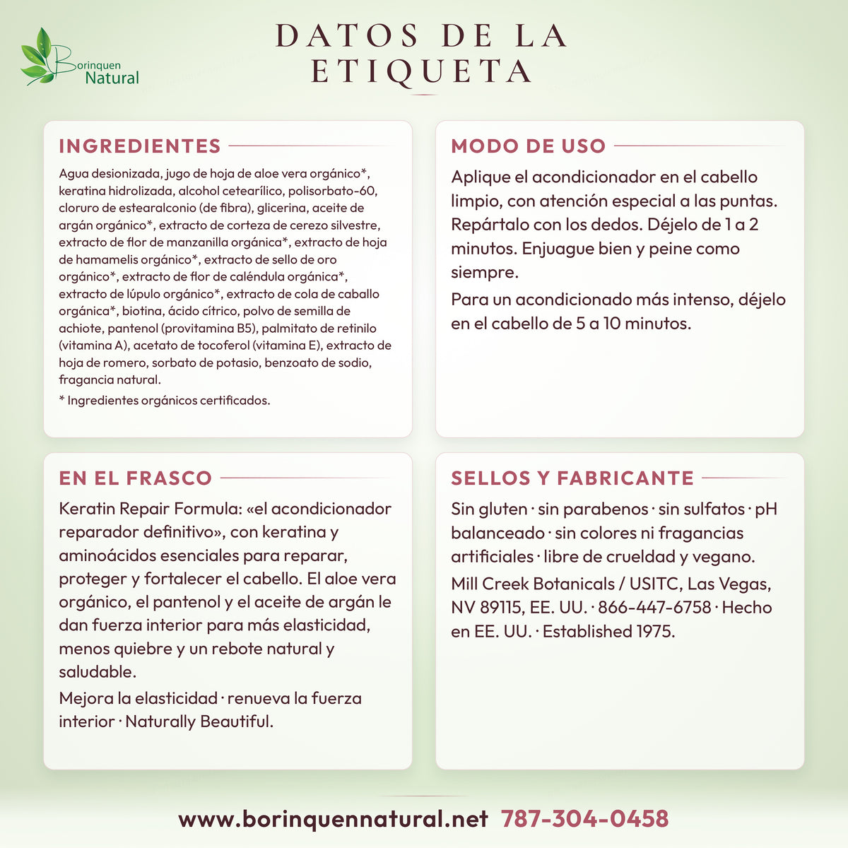 Datos de la etiqueta del acondicionador de keratina Mill Creek: modo de uso, ingredientes y fabricante