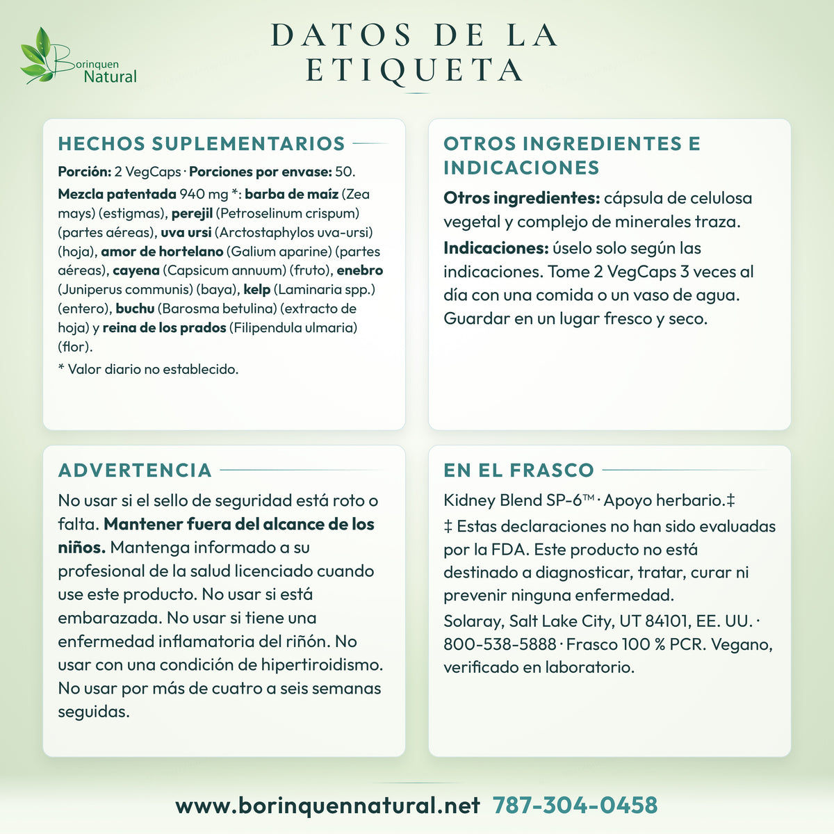 Datos de la etiqueta del Kidney Blend SP-6 de Solaray: hechos suplementarios, otros ingredientes, indicaciones y advertencia