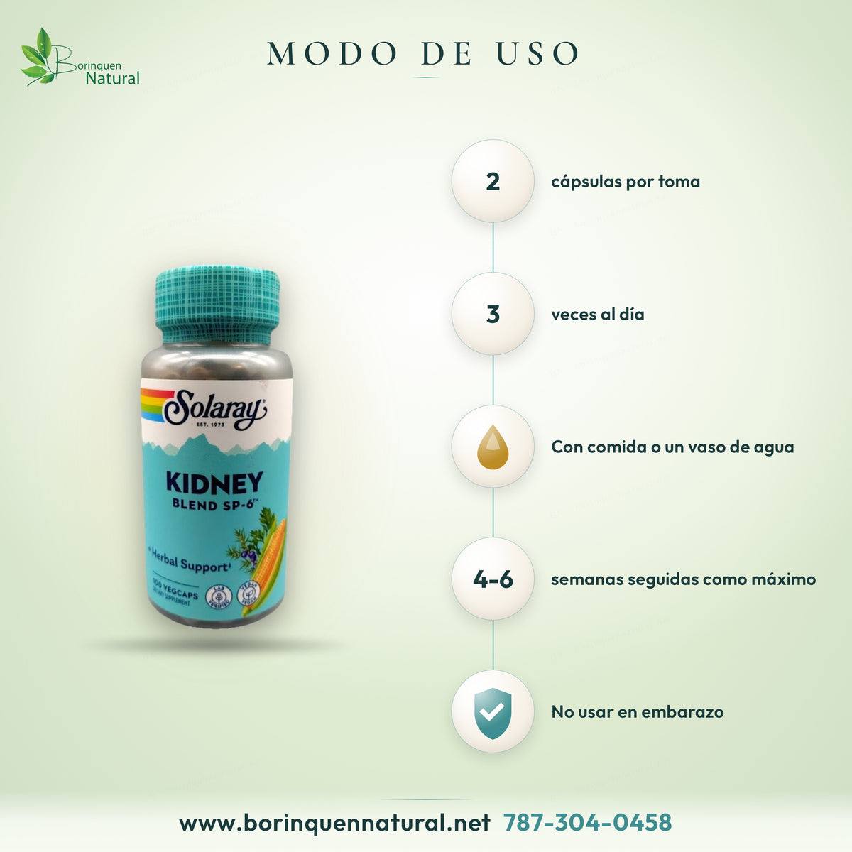 Modo de uso del Kidney Blend SP-6 de Solaray: 2 cápsulas 3 veces al día con una comida o un vaso de agua, no más de 4 a 6 semanas seguidas