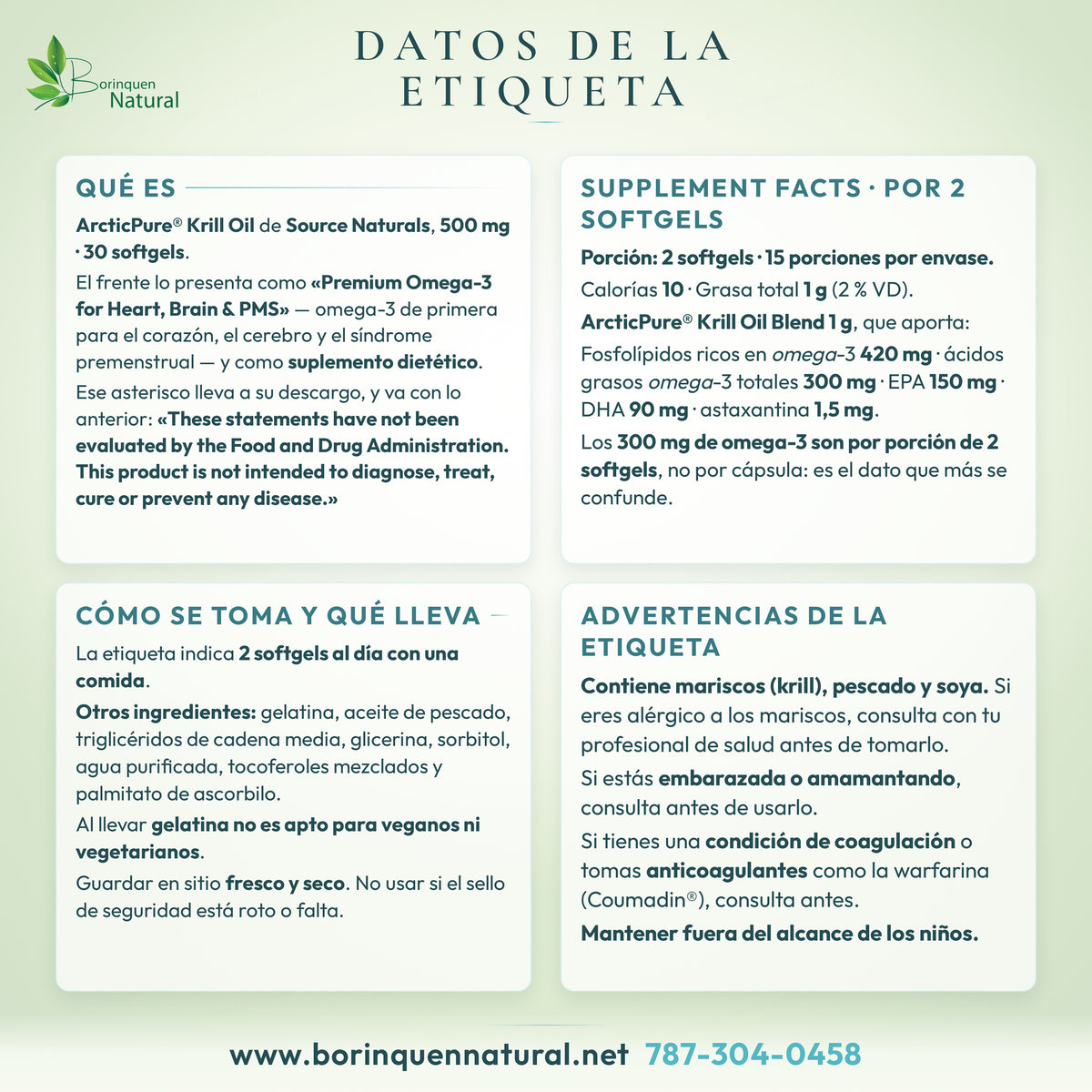 Datos de la etiqueta de ArcticPure Krill Oil: Supplement Facts, modo de uso, otros ingredientes, alérgenos y advertencias