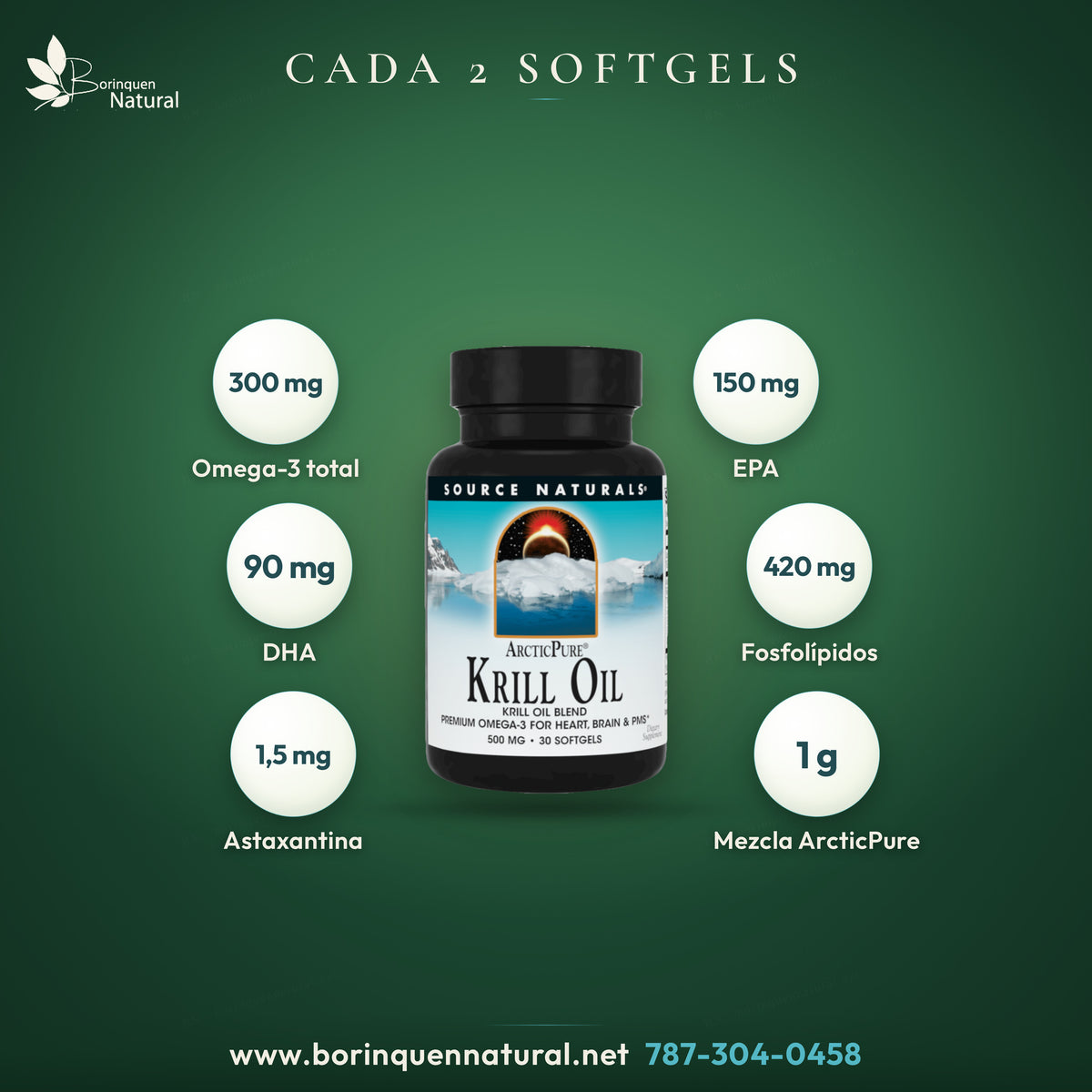 Supplement Facts de ArcticPure Krill Oil por porción de 2 softgels: 300 mg de omega-3, 150 mg de EPA, 90 mg de DHA y 1,5 mg de astaxantina