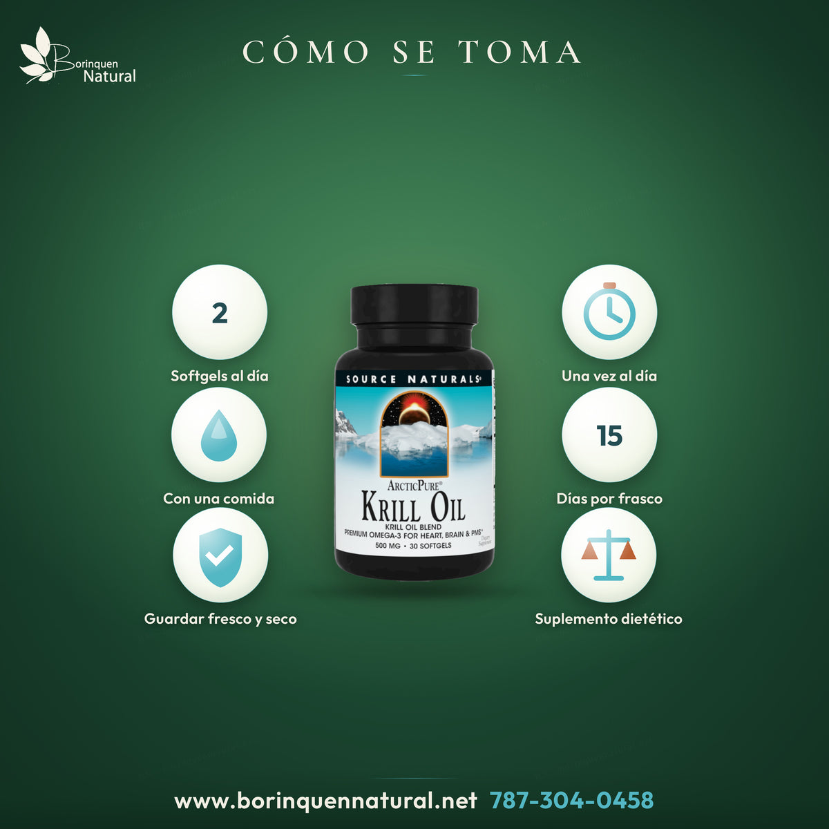 ArcticPure Krill Oil: 2 softgels al día con una comida; el frasco de 30 softgels rinde 15 días