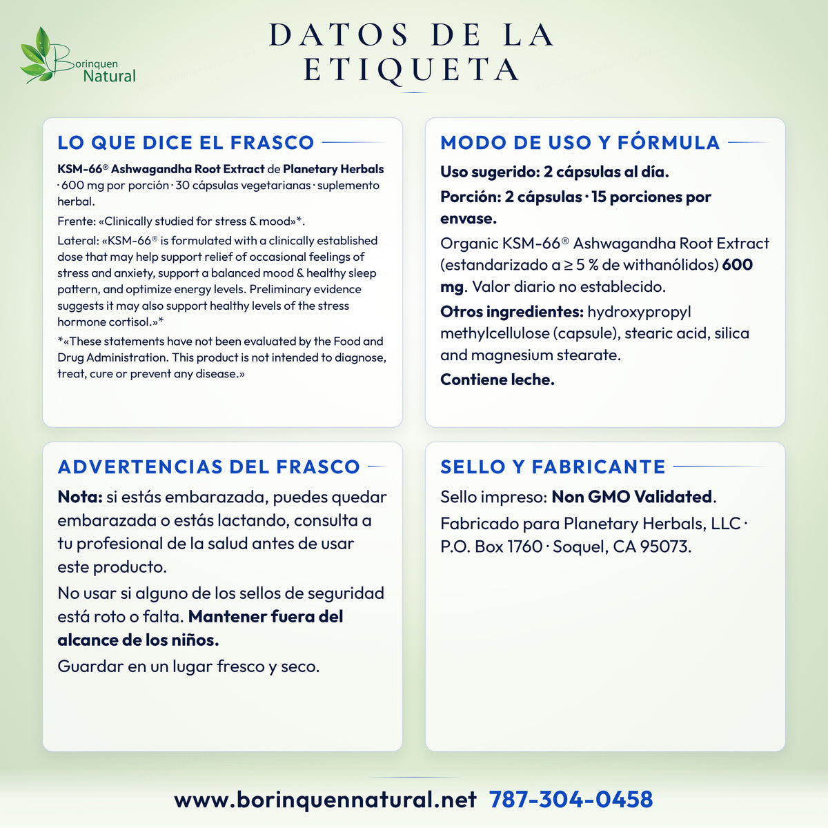 Datos de la etiqueta de KSM-66 Ashwagandha de Planetary Herbals: lo que dice el frasco, modo de uso, Supplement Facts y advertencias